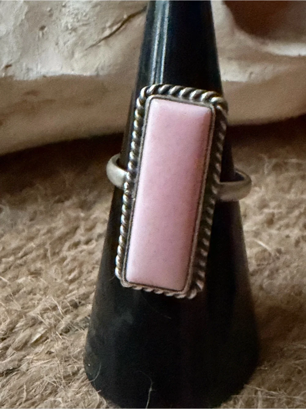 Johnny Dixon Navajo Sterling Silver Pink Conch Rectangular Stone Ring